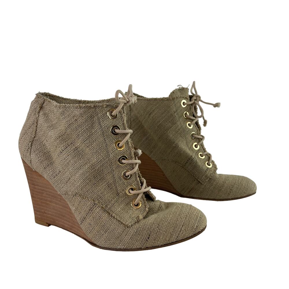 Stuart Weitzman Raffia Wood Heel Lace Up Wedge Heel Ankle Booties Size 8